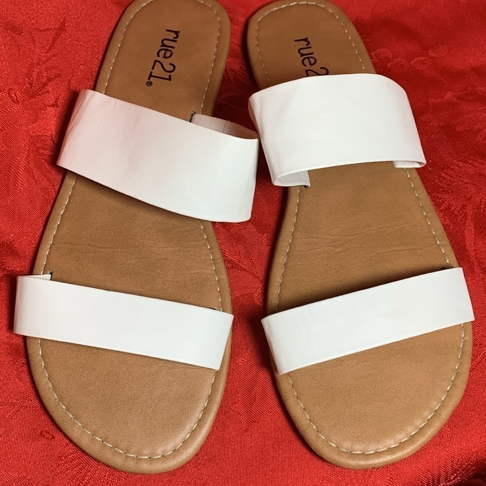 Summer Sandals Two pairs fit like women’s size 8 white slip on, beige buckle up - Picture 4 of 10